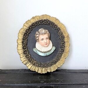 Antique Renaissance Boy Chalkware Bust Wall Hanging Oval Baroque Bisque Frame